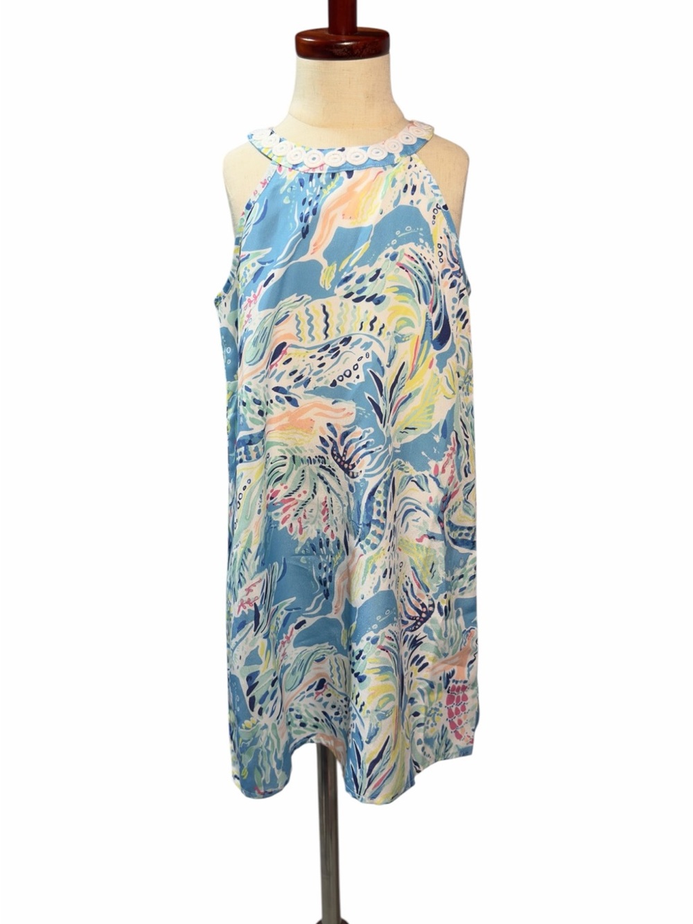 Charlie Paige Seafoam Blue Multicolor Print Halter Dress